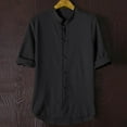 thumbnail image 4 of YLSDY Men's Linen Shirt Stand Collar Half Sleeve Button Down Tops Chinese Style Loose Fit Summer Shirts Black XXXXL, 4 of 8