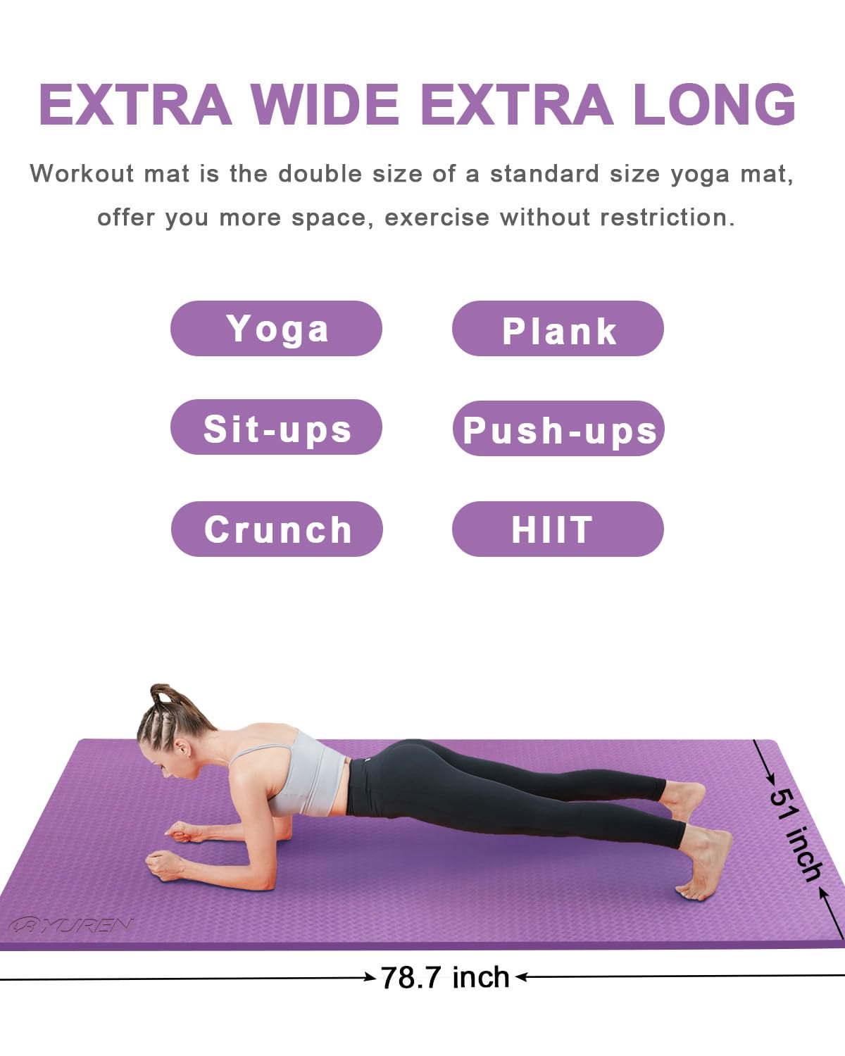 YR Large Exercise Mat 1/2" Thick TPE 78"X51" Yoga Heavy Duty Workout Gymnastic Mat, Purple