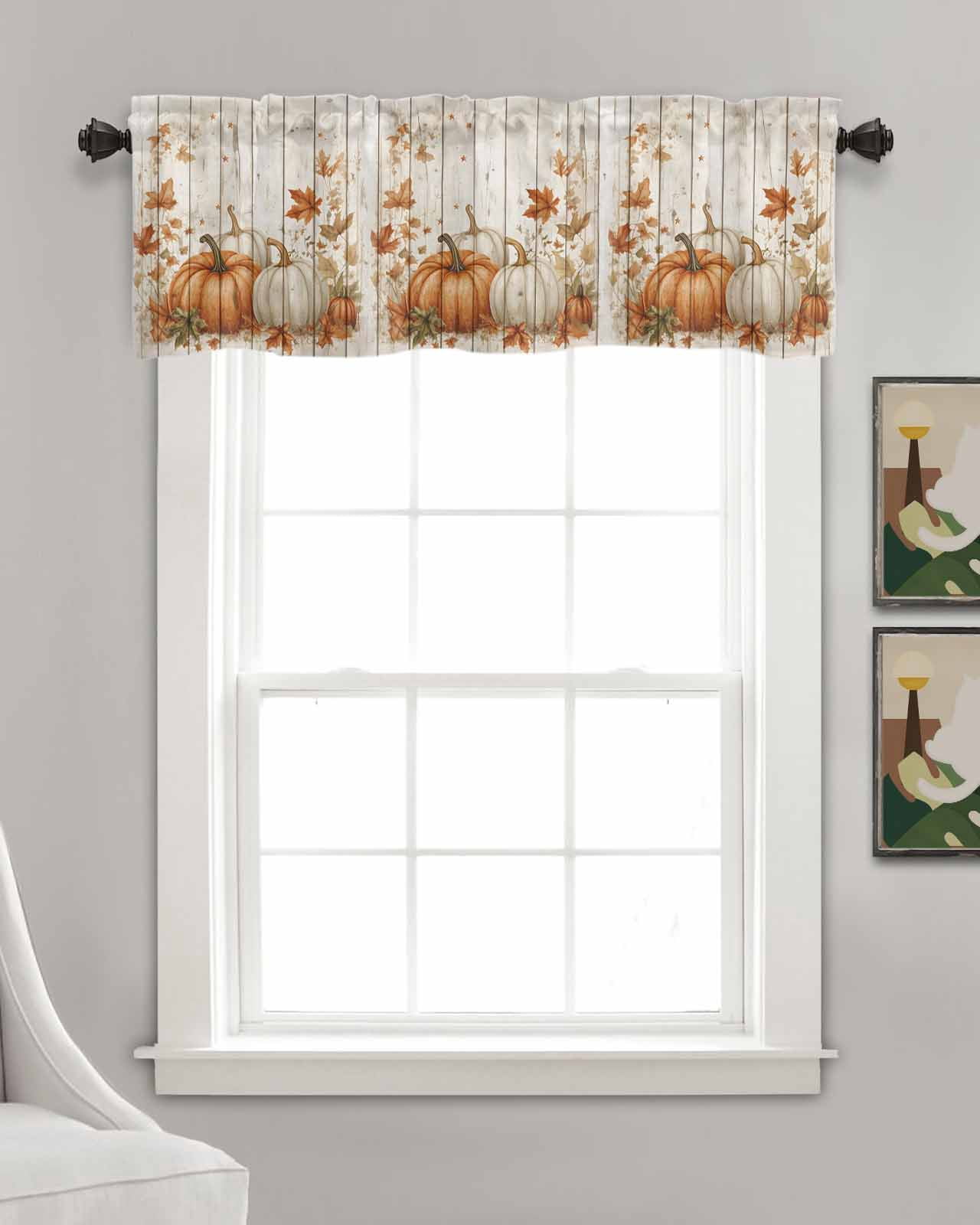 Thanksgiving Pumpkins Kitchen Valances for Windows Farmhouse Linen Window Valance Curtain for Living Room Window Treatment Fall Maple Leaves Farm Wood Grain Valance Rod Pocket Topper, 42 x 18 Inch