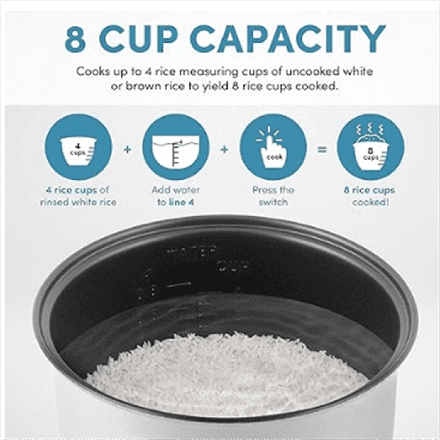 Housewares 8-Cup (Cooked) (4-Cup UNCOOKED) Digital Rice Cooker and Food Steamer White