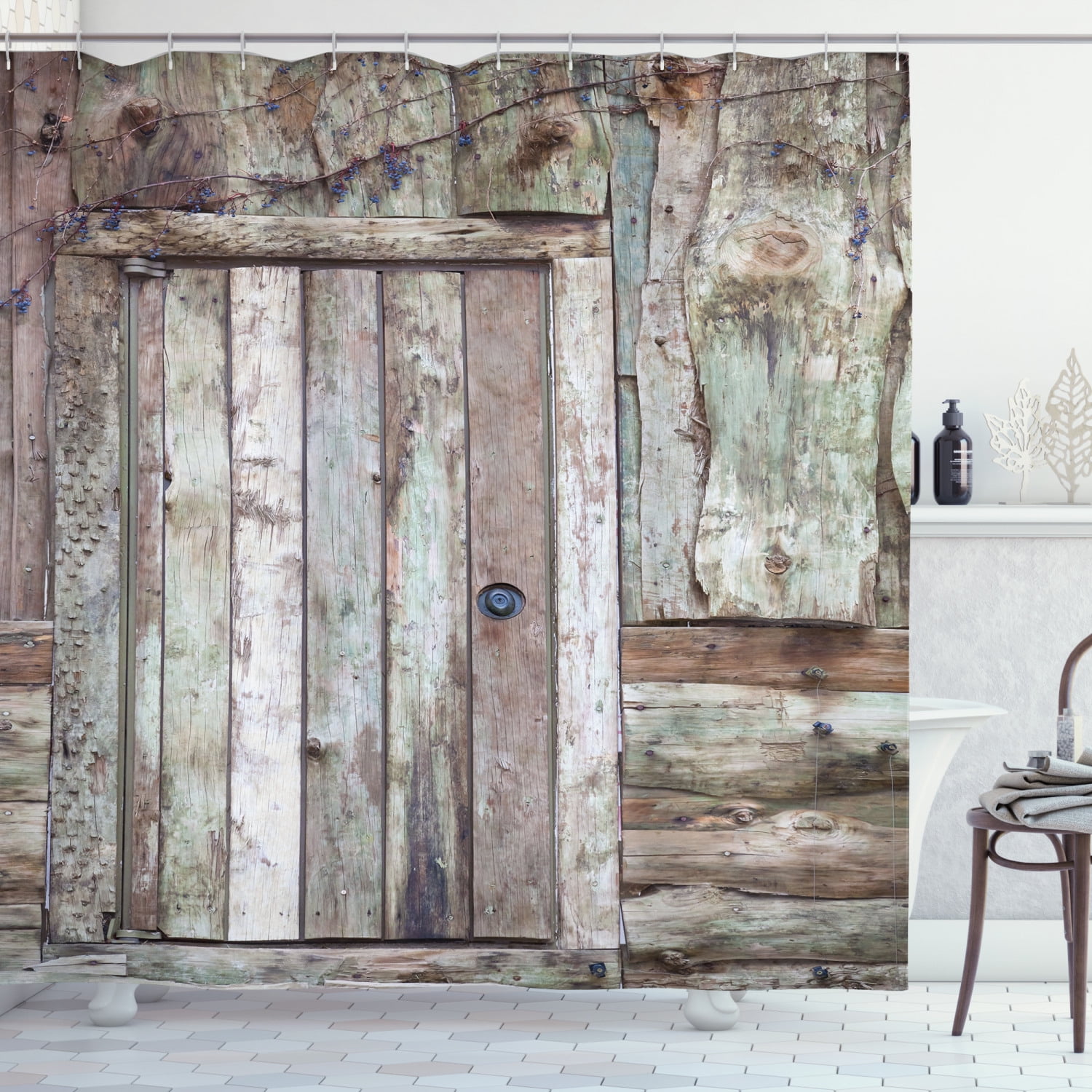 Rustic Wooden old Barn Door Theme Shower Curtain Set Bathroom Waterproof Fabric 