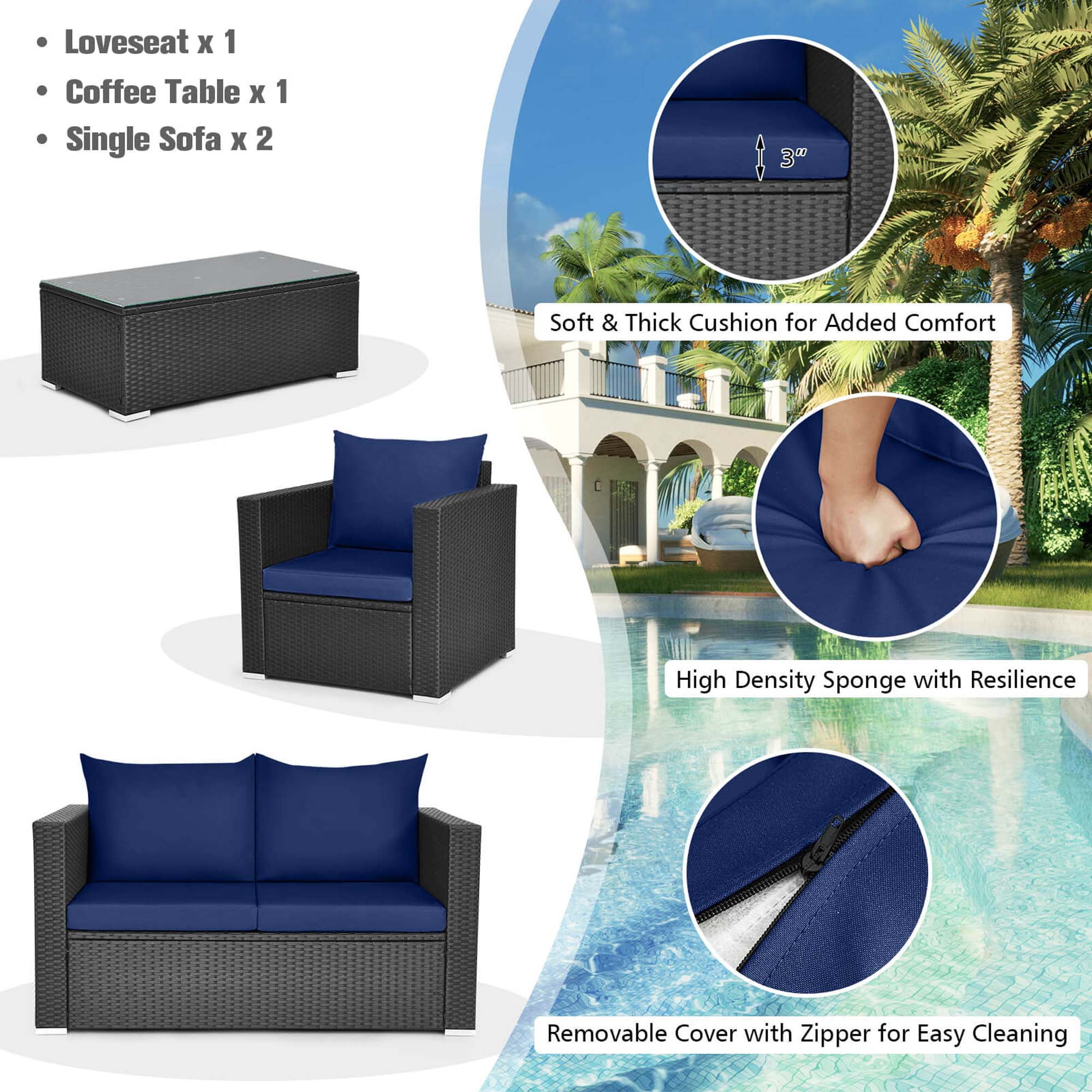 Costway 4 PCS Patio Rattan Furniture Set Cushioned Sofa Chair Coffee Table Blue