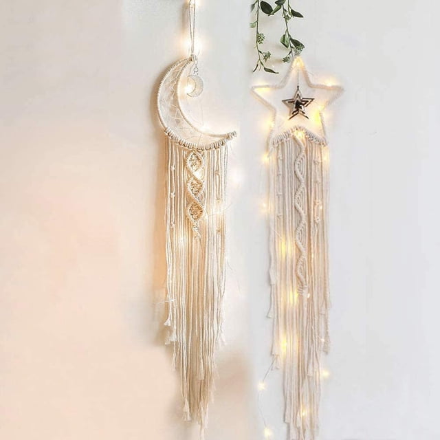 Atrapasueños de 2 piezas: atrapasueños de estrellas y lunas, decoración de pared de ensueño con plumas vintage, adorno colgante para dormitorio, regalo