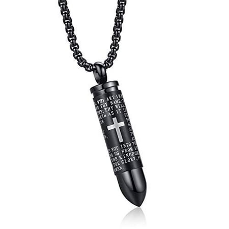 

Moniya Stainless Steel Bullet Pendant Urn Ashes Necklace Cross Lords Prayer in English 22inch Box Chain (Black Tone)