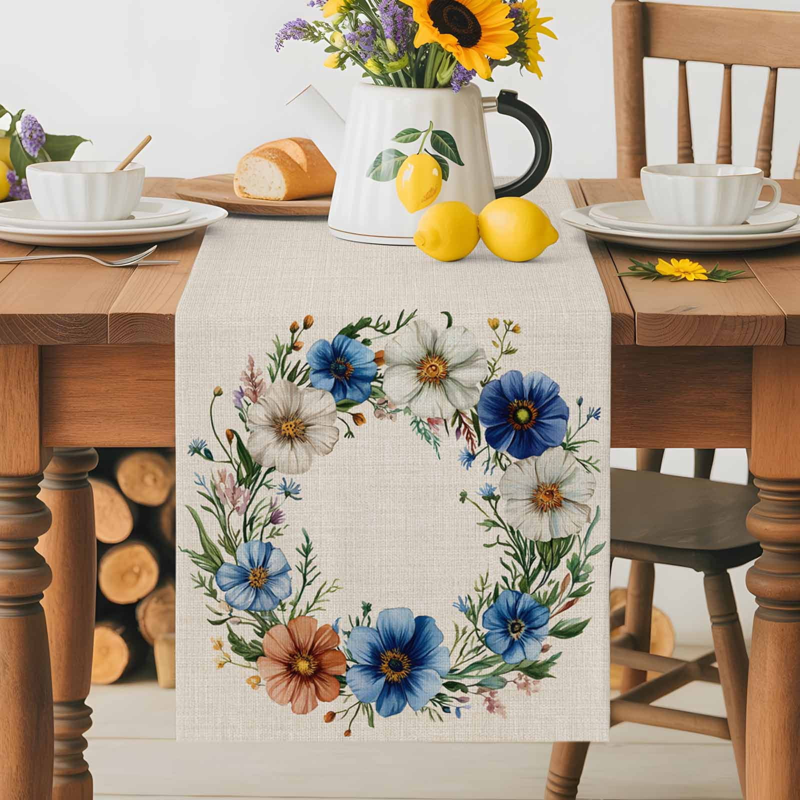 Watercolor Summer Flower Garland Table Runner 90 Inches Long, Beige Linen Background Table Runners Tabletop Scarf Kitchen Dining Tables Decoration for Home Party Indoor Outdoor