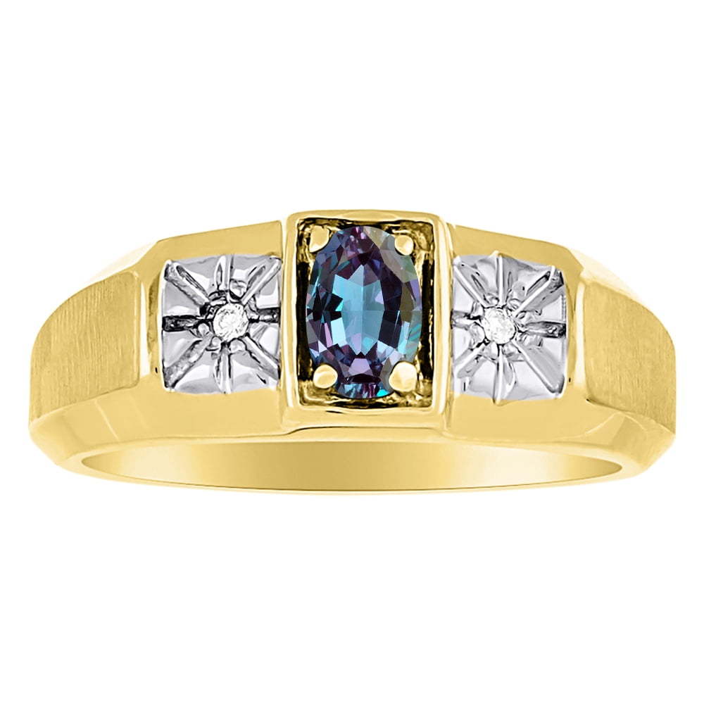 Rylos Mens Diamond & Simulated Alexandrite Ring 14K Yellow or 14K