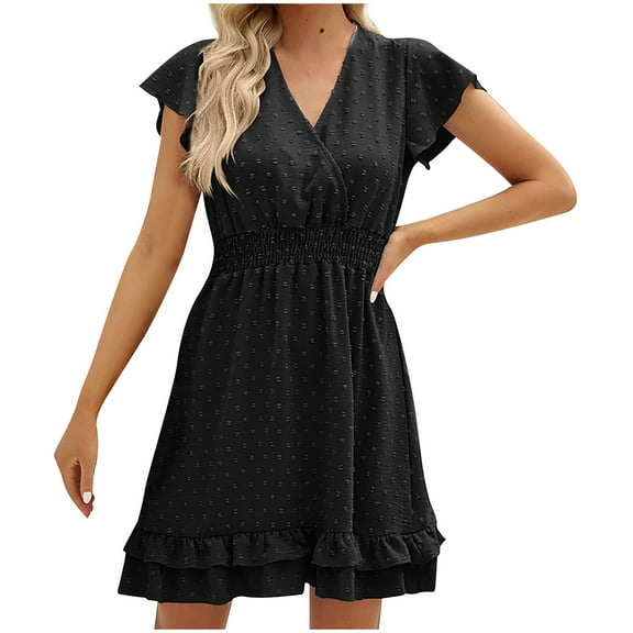 hoksml Dresses for Women Fashion,Women's Summer Style V-neck Short Sleeve Chiffon Soft Plush Ball Pleated Dress