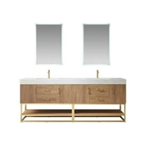Vinnova Alistair 84" White Stone Top Oak Double Vanity Gold Frame with Mirror