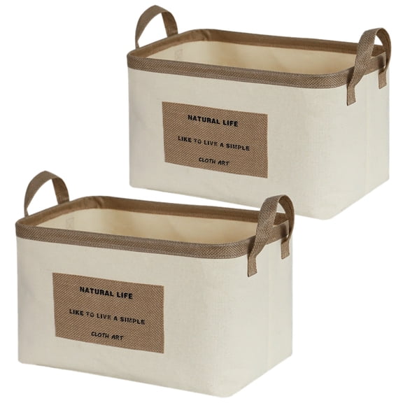 Snack Organizers and Storage 2 Pack, Cotton Linen Foldable Baskets with Handles, Medium Size, Breathable Fabric, Ideal for Clothing and Blanket, Natural Life Print
