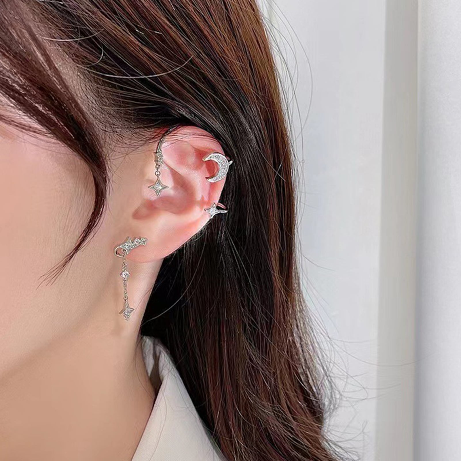 Jiaroswwei 1 Pair Clip Earrings Moon Shape Star Shiny