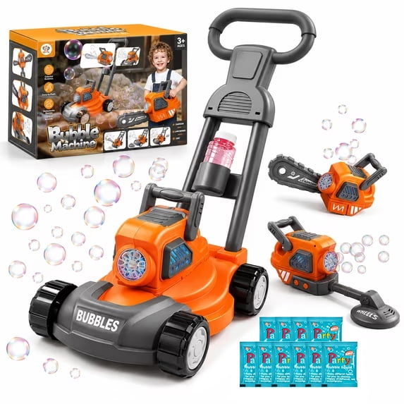 3-in-1 Bubble Lawn Mower Toy for Kids, Bubble Machine with Lights, Pretend Play Lawn Mower, Toy Chainsaw & Weed Trimmer Attachments, Outdoor Toys Ages 3 