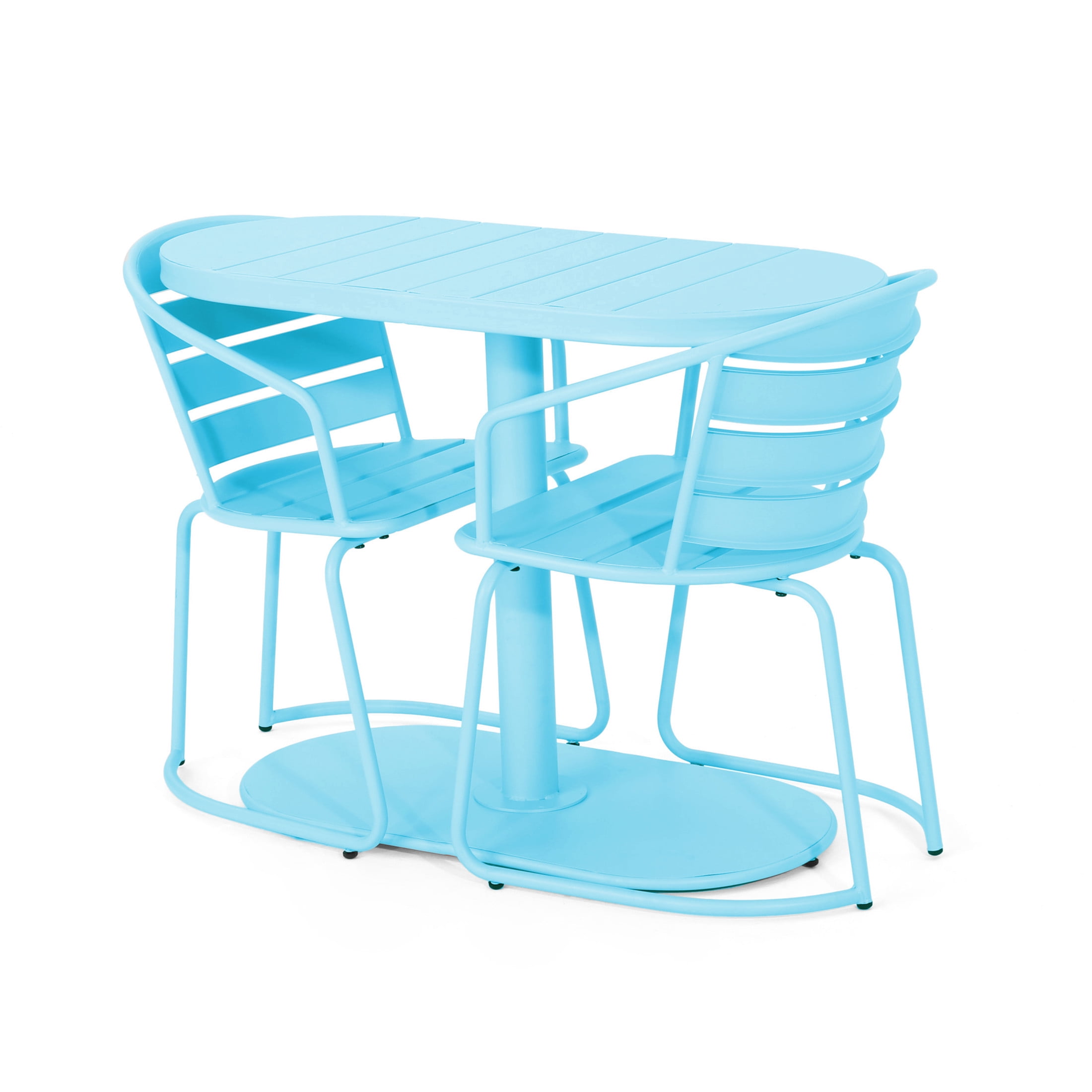 Christopher Knight Home Minimalist 3-Piece Outdoor Bistro Set, Oval Table & Slatted Chairs, Matte Light Blue
