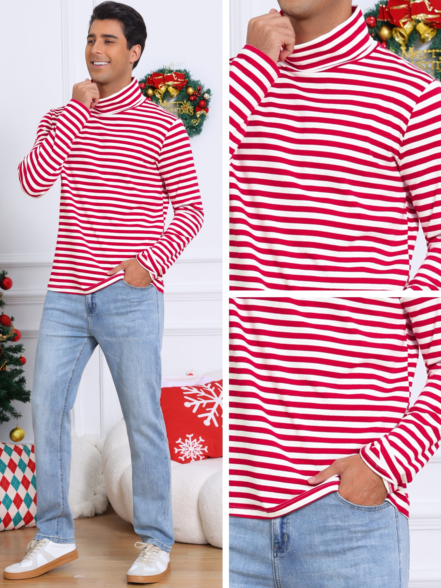 DARING DIVA Men's Striped Turtleneck Long Sleeves Pullover Stripes T-Shirt M Red White