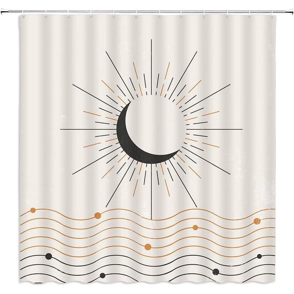 Mid Century Shower Curtain Abstract Sun Moon Lines Modern Aesthetic Boho Minimalistic Retro Neutral Contemporary Art Bathroom Decor Fabric Set with Hooks(70" WX70 H)