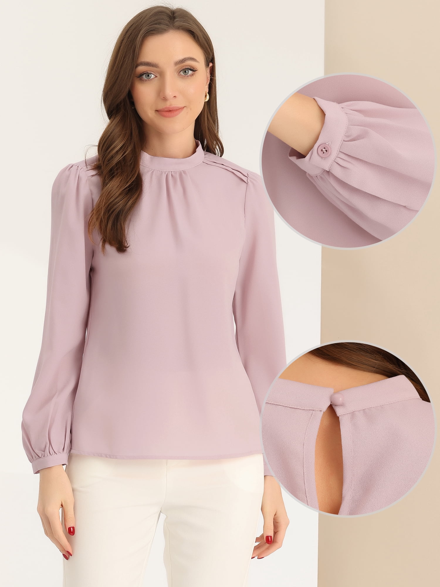 DARING DIVA Women's Work Office Mock Neck Long Sleeve Blouse M Pink