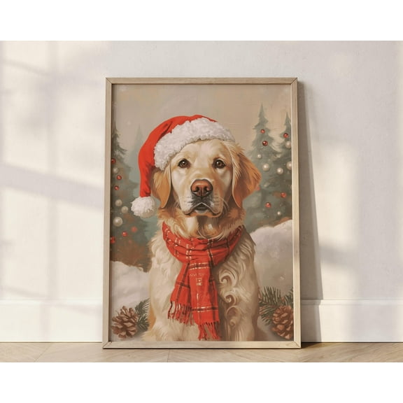 MSFCON Golden Retriever Christmas Print: Santa Hat Dog Art