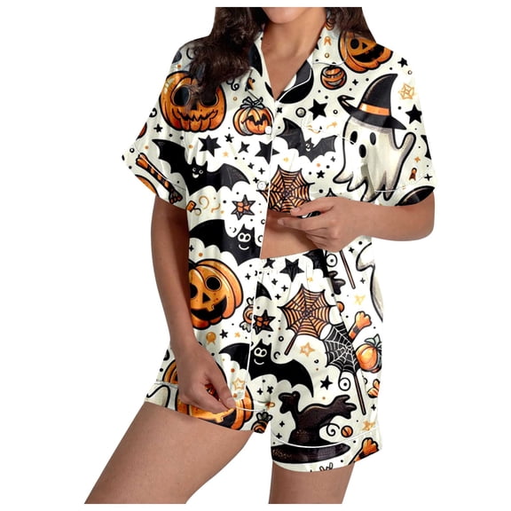 Muxikeji Clothes Halloween Pajamas Women Sets,Women'S Leisure Halloween Printing Pajama Set Silk Satin Shirt Button Jacket and Pants Set