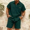 thumbnail image 3 of Havenx Men's 2 Piece Short Sets Short Sleeve Waffle Knit Short Sets Button-Down Textured Lapel Collar Outfit with Pocket Comfy Relaxed Fit Summer Vacation Tracksuits,Dark Green 2XL, 3 of 5
