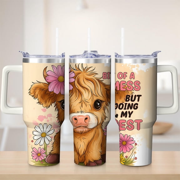 Cute Highland Cow Floral Stainless Steel Insulated Mug with Lid and Handle, 30oz