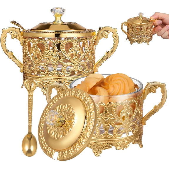 ABCISI Sugar Bowl, 2 Sets Vintage Turkish Style Seasoning Box with Lid and Spoon, Glass & Iron Serving Dish for Spices, Candy, Fruits, Cookies & Nuts, Golden Embossed Elegant Jar for Kitchen & Dining