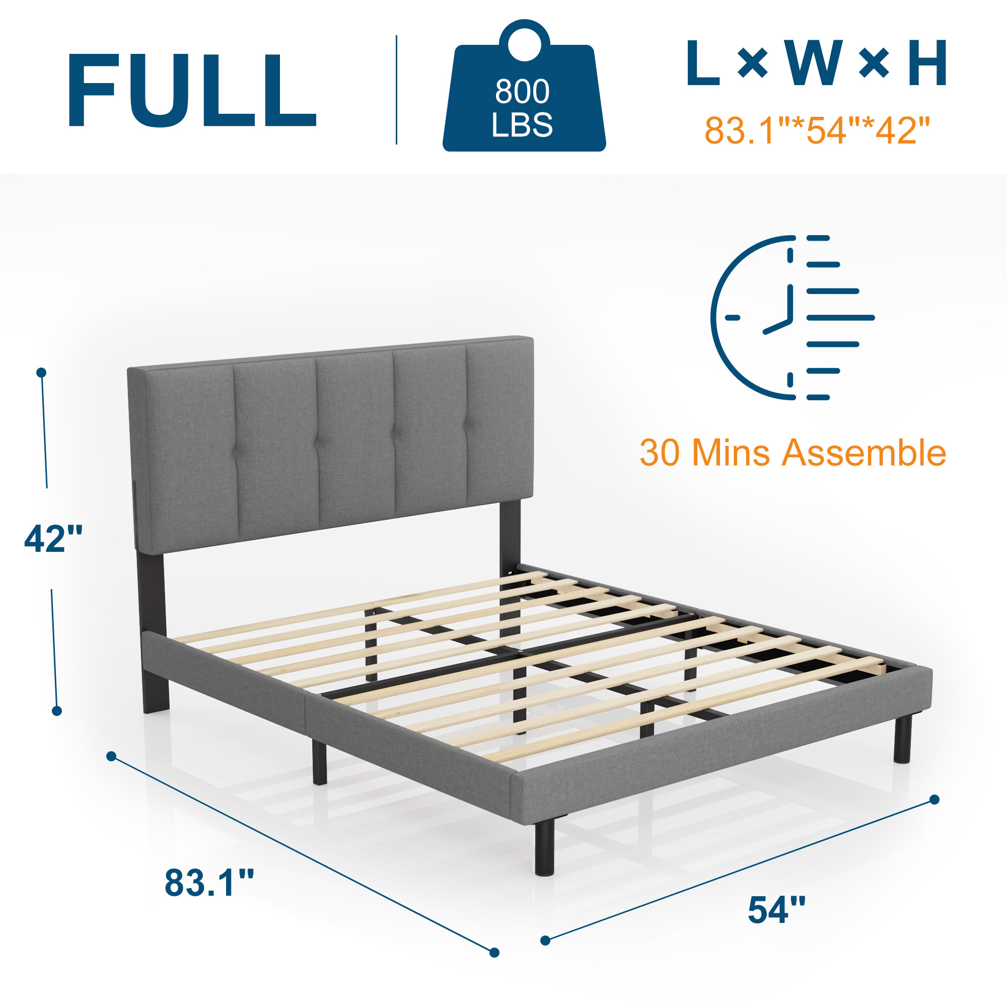 Full Bed Frame, HAIIDE Full Size Bed Frame with Upholstered Headboard and Strong Wooden Slats, Light Grey - image 2 of 7