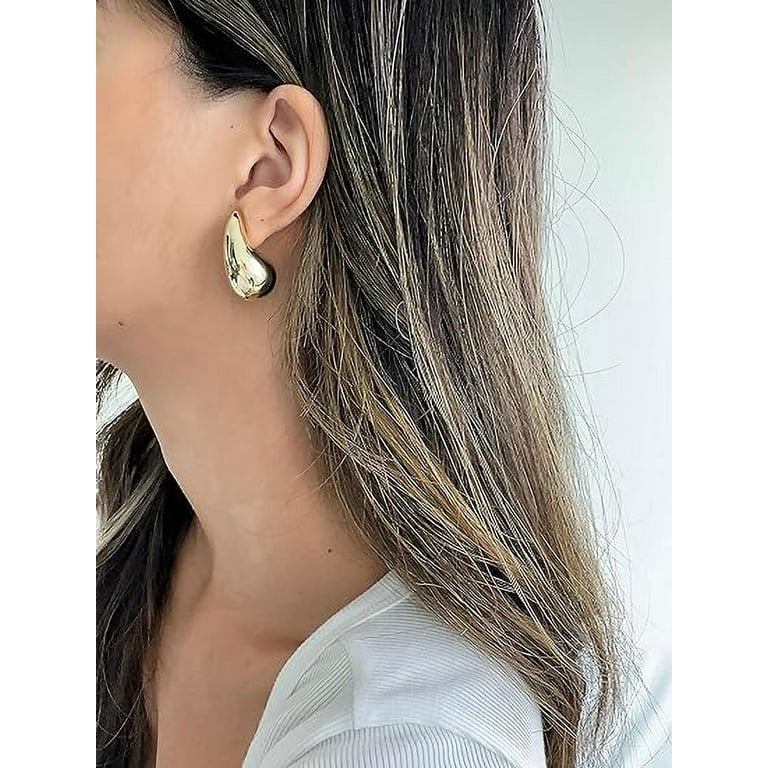 PAVOI 14K Gold Plated 925 Sterling Silver Post Teardrop Chunky Hoop Earrings  | Lightweight Drop White Earrings for Women | 31mm Designer Dupe Earrings