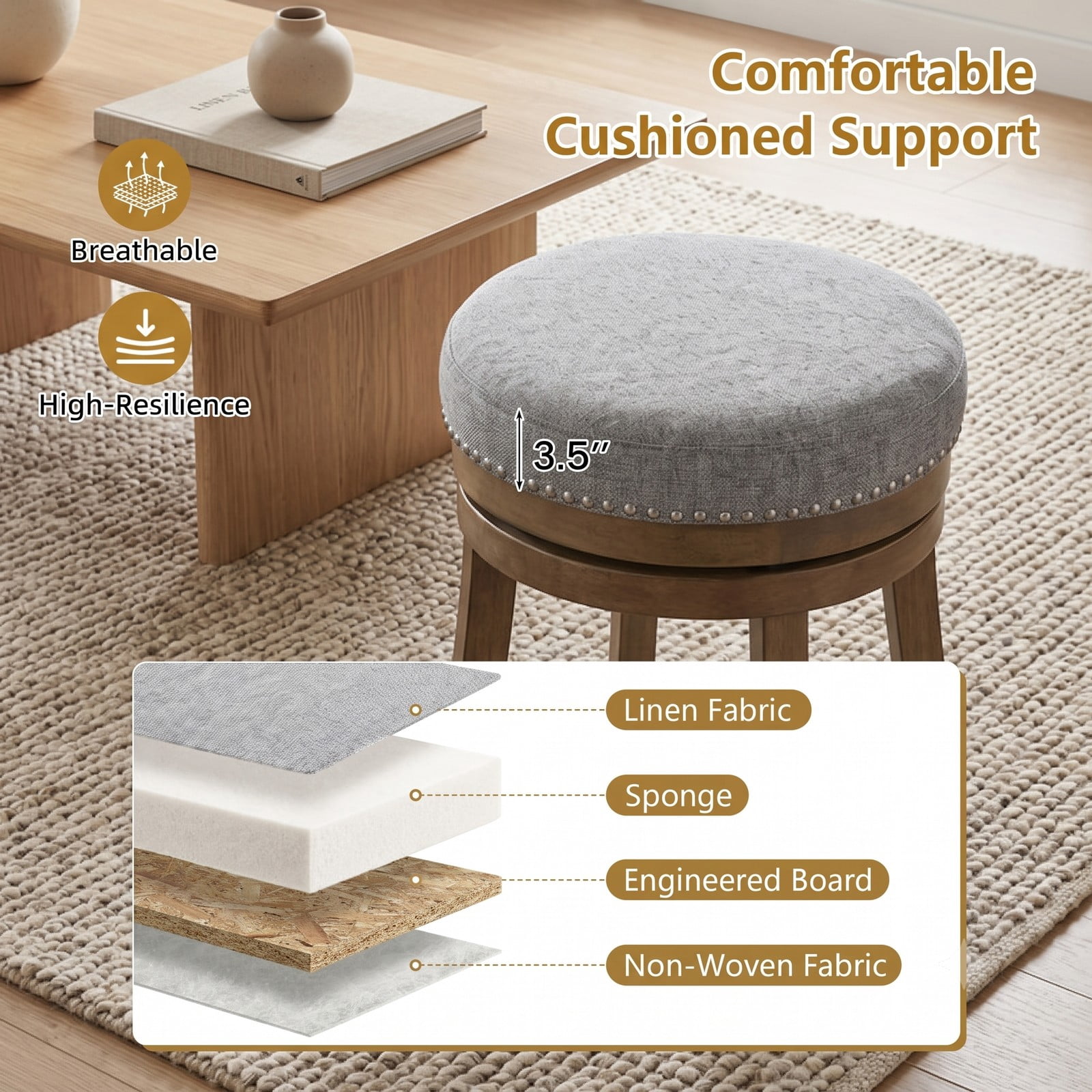 Furnibear Swivel Bar Stools Set of 2, 31.5 Inch Linen Fabric Upholstered Barstools with Curved Back and Nailhead Trim, 360-Degree Swivel Counter Height Kitchen, Gray