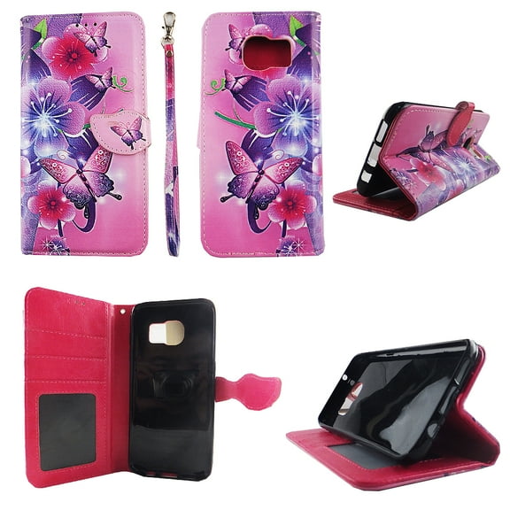 Butterfly Flower Pink Wallet Folio Case for Samsung Galaxy S7 Edge Fashion Flip PU Leather Cover Card Cash Slots & Stand
