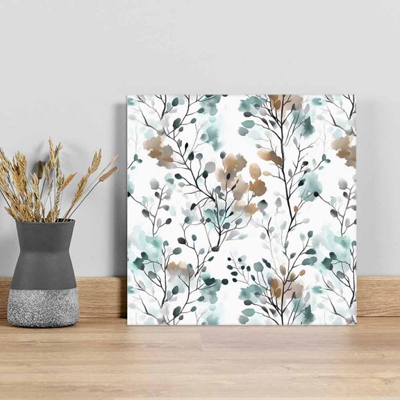 Teal Brown Spring Floral Wall Art Painting on Canvas, Summer Botanical Abstract Canvas Art Home Prints Wall Art Framed Modern Artwork for Living Room Bedroom Wall Decor 8x8in