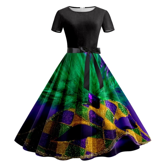 SZXZYGS Robes Soleil Femmes Aguichant Femmes Imprimé Manches Courtes Robe de Soirée Bal des Années 1950 2024