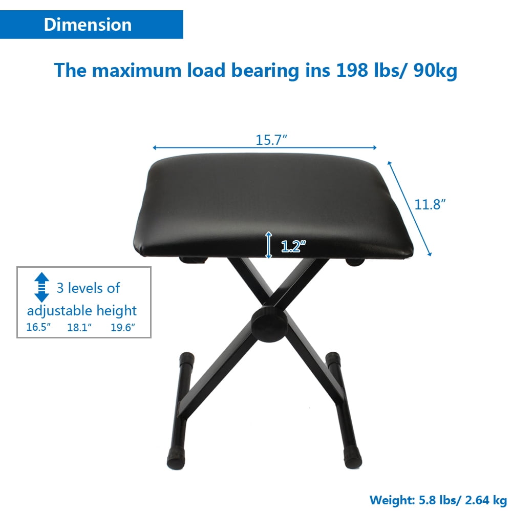 Adjustable Folding Piano Bench Stool - H-Type Iron Frame, Leather Padded Seat, Black