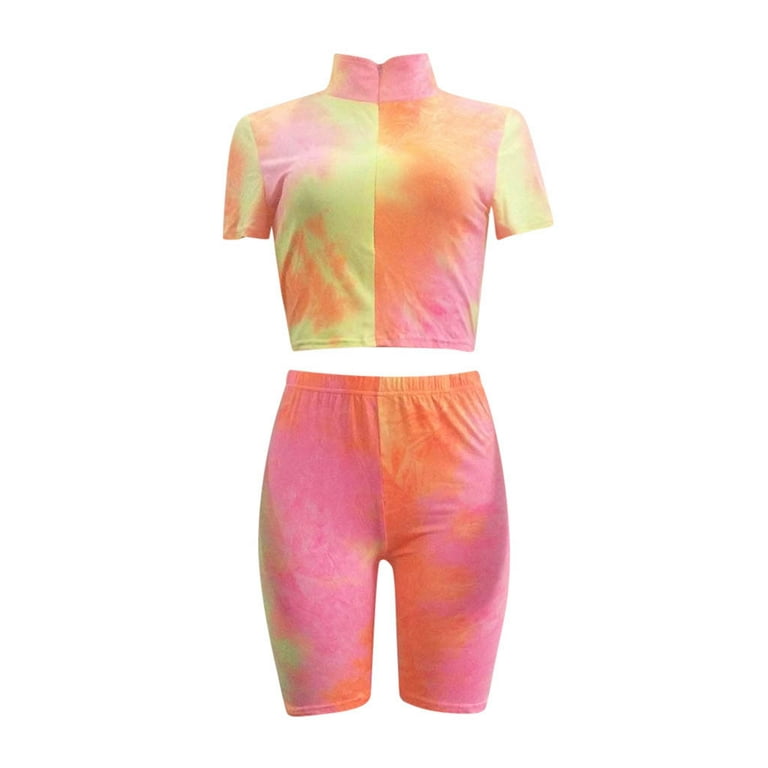 Herrnalise Womens Lightweight Shorts Fashion Women Summer Lady Split 2  Piece Sports Suit Set Casual Tie-Dyed Suit 
