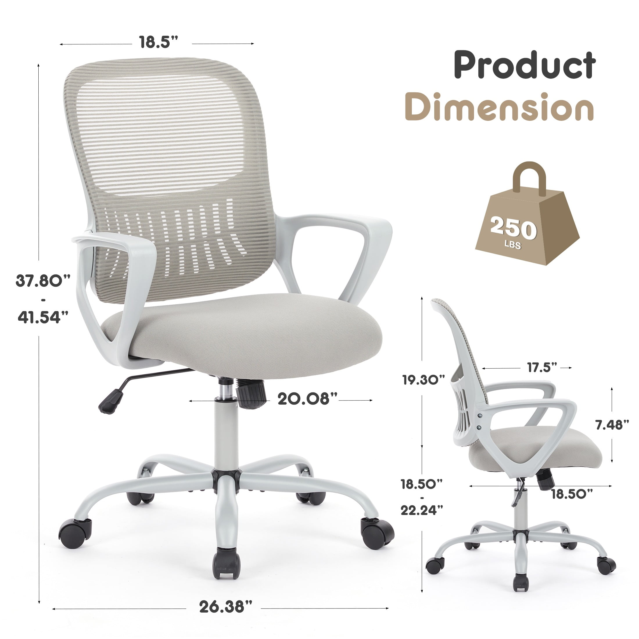 Gianna Ergonomic Mid-Back Mesh Desk Chair with Plush Armrests and Cushion for Home Office Comfort, Gray