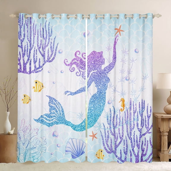 Castle Fairy Children Teens Marine Mermaid Princess Black Out Curtains,Bling Gradient Glitter Curtains Pack of 2 (42x63 Each),Sea Underwater World Bedroom Curtains,Ultra Soft Home Decor