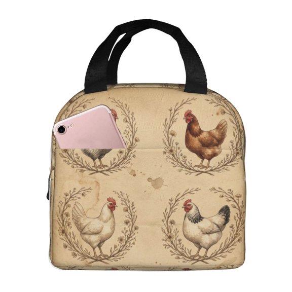 Chicken Insulated Lunch Box Cute Fun Reusable Cooler Handbag With Front Pocket Thermal Meal Prep Tote For Women Men Work Office Hiking