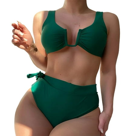 Sngxgn Bikini Set for Women Two Piece Swimsuit Back Tie Mid Waisted Bottom with Shoulder Straps(Green S)