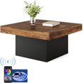 thumbnail image 1 of Tribesigns 35-Inch Square Coffee Table with LED Lights, Modern Brown and Black Wooden Living Room Center Table, Low Profile Cocktail Table with APP Control, 1 of 5