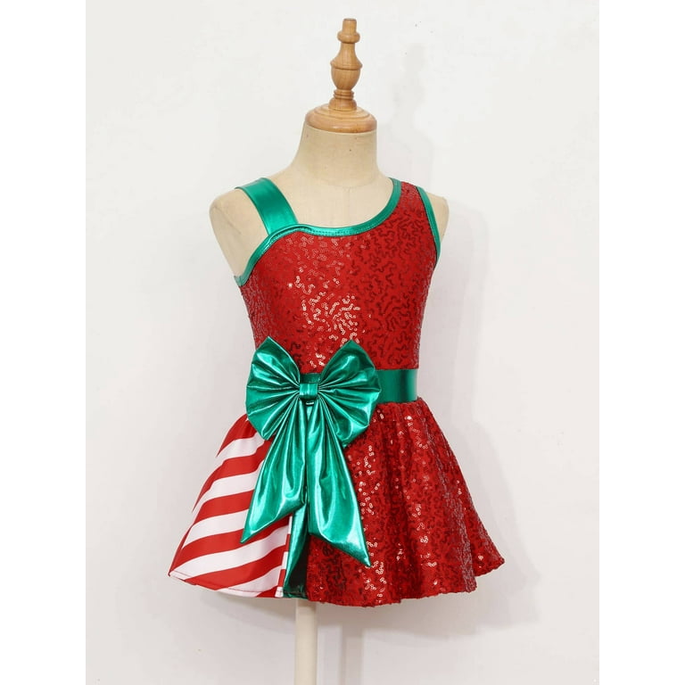 junior christmas dance dresses YiZYiF Kids Girls Sequins Striped Tutu Dress Christmas Dance Costume Figure  Skating Dresses Red-A 10