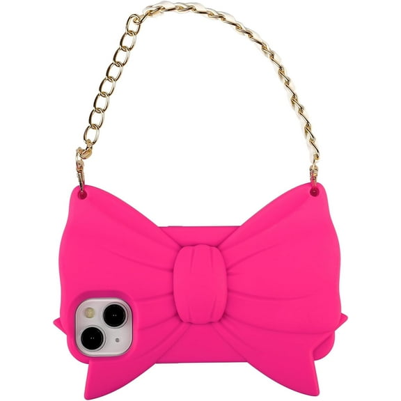 Hot Pink Bow-Knot Phone Case Compatible with iPhone 15, Cute 3D Cartoon Big Hot Pink Bow Tie iPhone Cases with Lanyard Soft Shockproof Silicone Case
