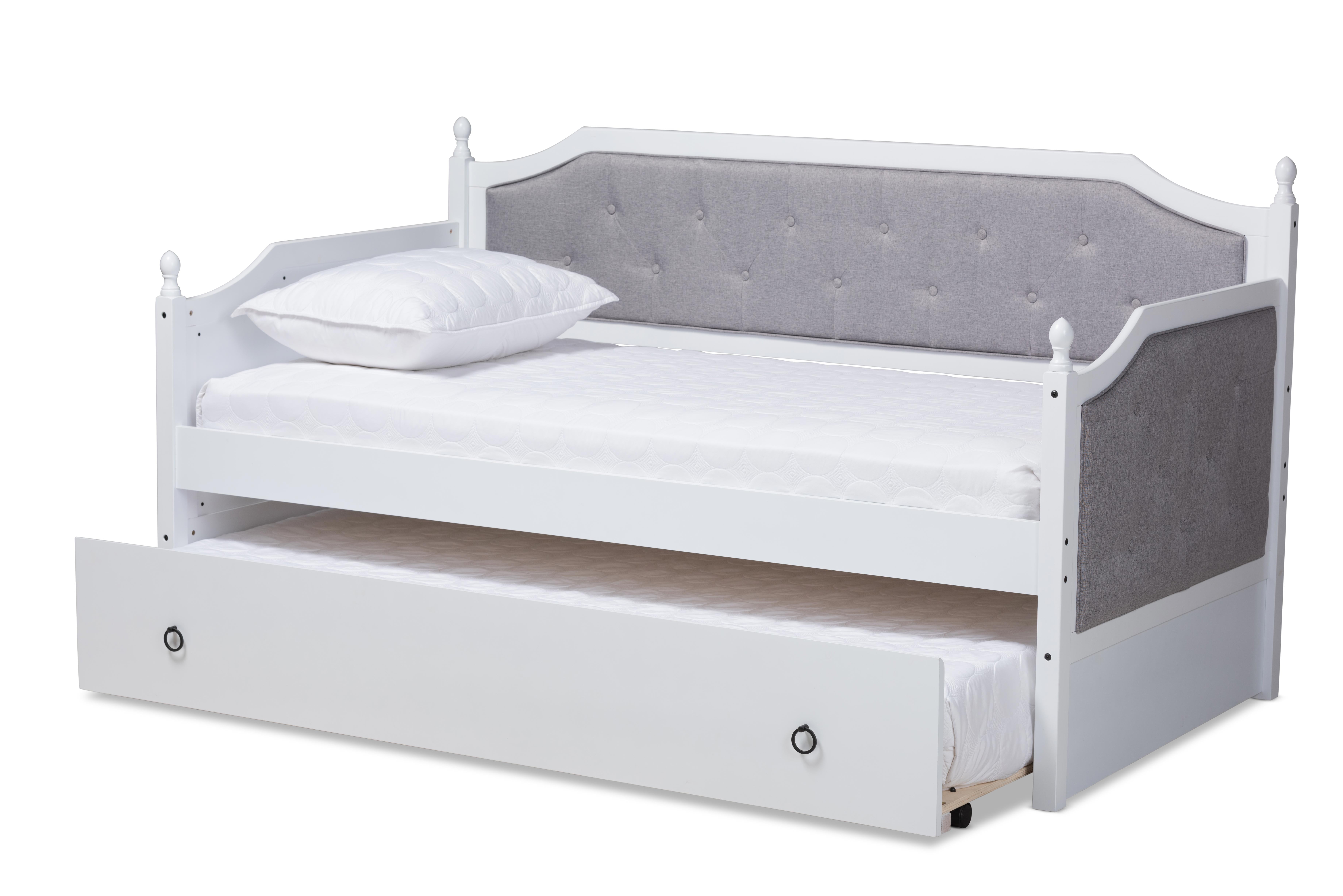 Baxton Studio Mara Classic and Traditional Grey Fabric Upholstered White Finished Wood Twin Size Daybed with Trundle