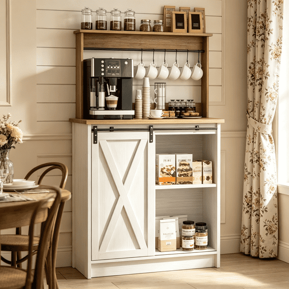 Catrimown Coffee Bar Cabinet, Barn Door Sideboard Buffet Cabinet with Storage, White