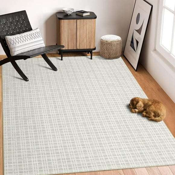 Washable Rug Non Slip Modern Checkered Rug Soft Faux Wool Floor Carpet Indoor Contemporary Plaid Print Rug Non Shedding Throw Carpet for Bedroom Living Room Dining Room Office