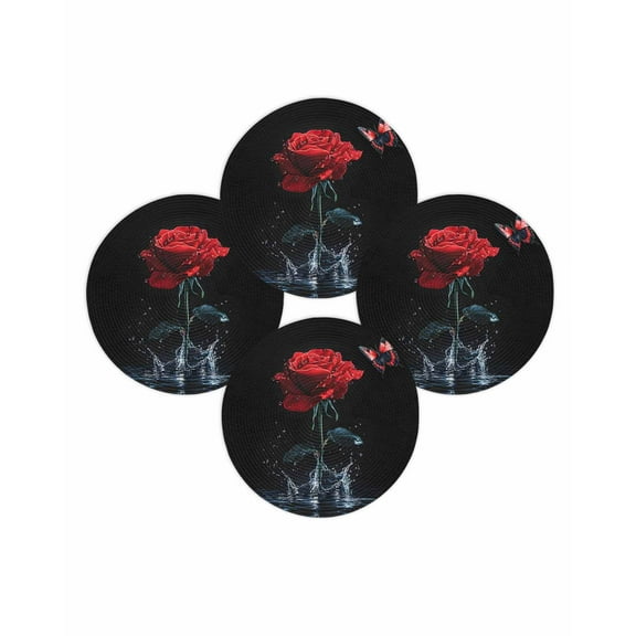 Round Placemats Set of 4 Red Rose Place Mats Washable Woven Placemat Butterfly Splash Black Circle Braided Table Mat for Kitchen Dining Table Party Home Decor 15 Inch