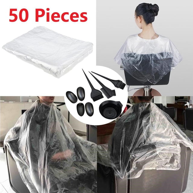 50 capas desechables para cortar el cabello, chales caseros para peluquería, delantal para teñir, vestido + juego de tinte Baoblaze Capa de corte de pelo desechable