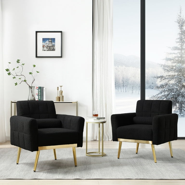 Black Modern Accent Chairs Set of 2 for Living Room Teddy Fabric Arm Chair Single Sofa Chair Couch Gold Metal Legs for Living Room Bedroom Office