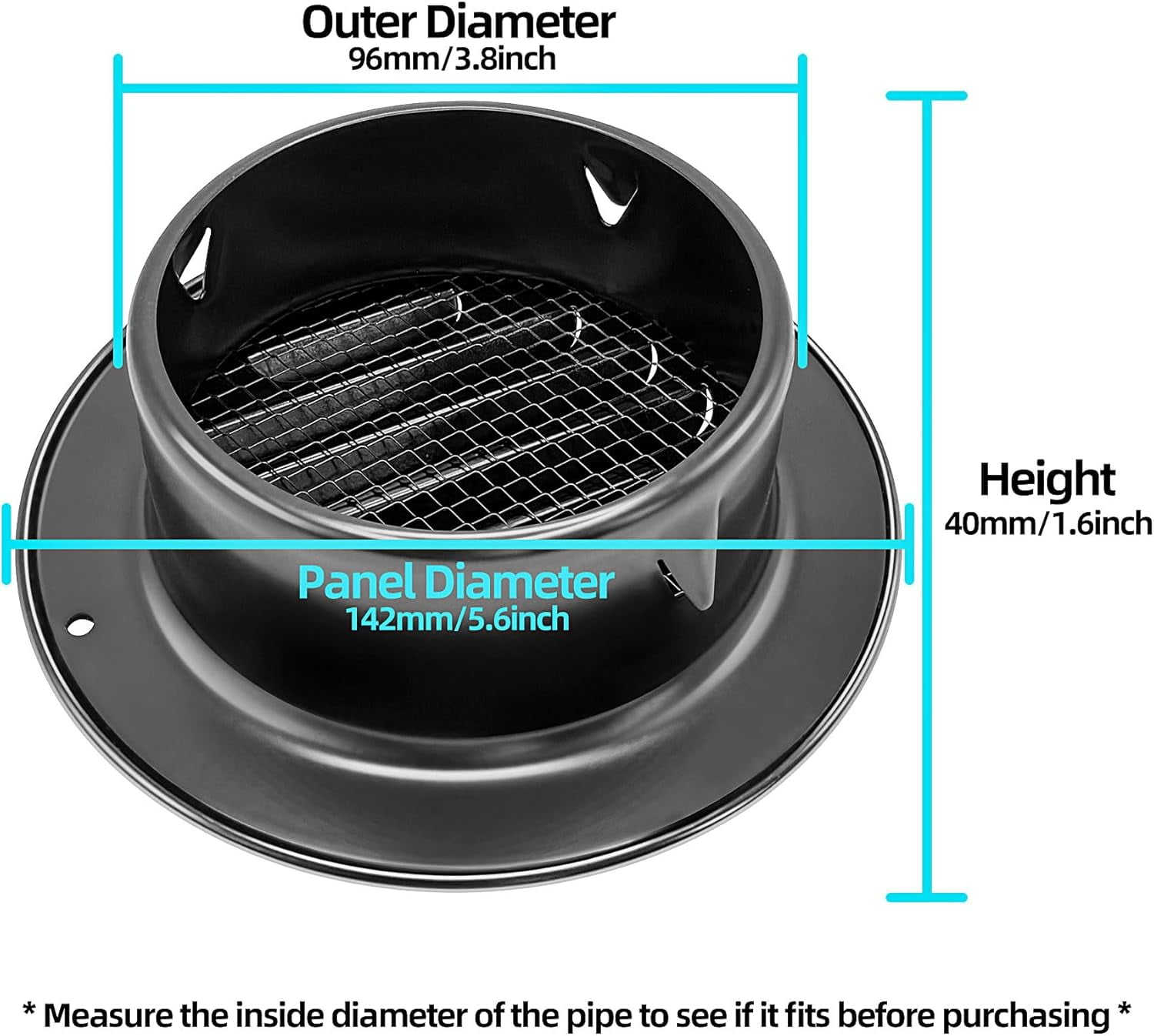 ABCISI 4 inch 4-Pcs Stainless Steel Vent Cover, Black Round Soffit Louver Grille Exhaust Cover, Built-in Mesh Screen, Suitable for Vent Places Such as Kitchen, Bathroom, etc (4 inch Black Cover 4Pcs)