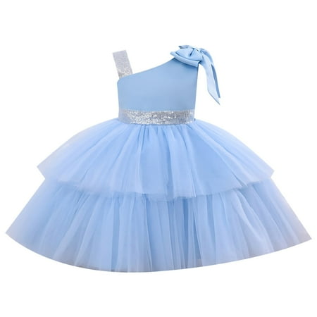 

QYZEU Summer Girls Dresses Flower Girl Dress Pageant Party Dress Long Princess Wedding Sloping Collar Sleeveless Double Mesh Skirt with Bow Shoulder A Line Dress for 1 To 8 Years