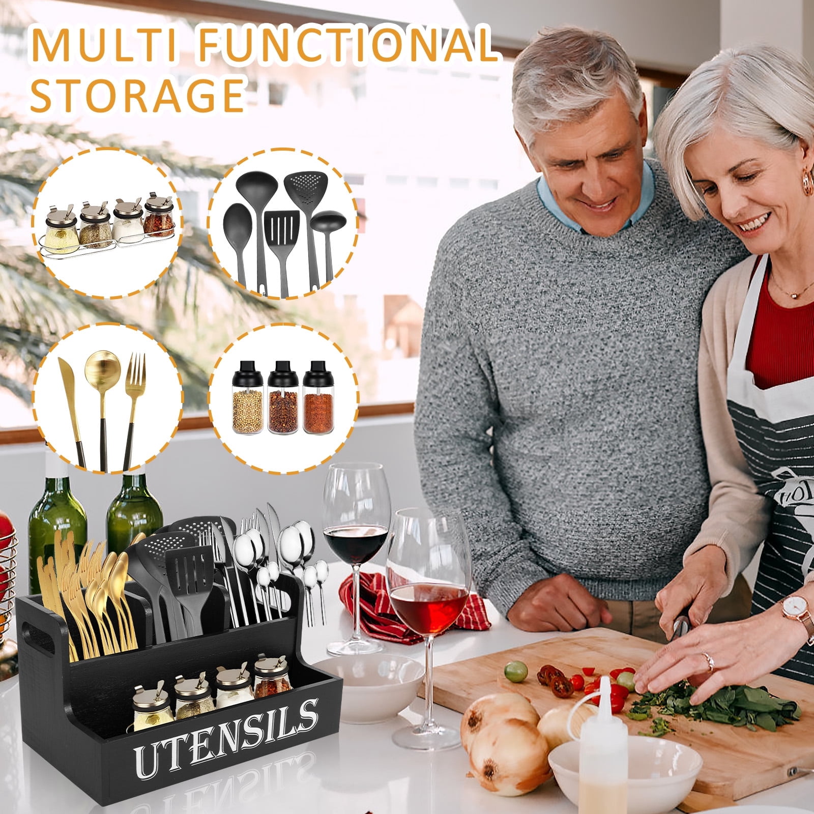 FUYGRCJ Extra Large Kitchen Utensils Holder with 4 Compartments, 2 Layers Wooden Utensil Organizer, Farmhouse Cooking Spatula Storage Caddy for Kitchen Countertop, Flatware Spoon Tool Organizer