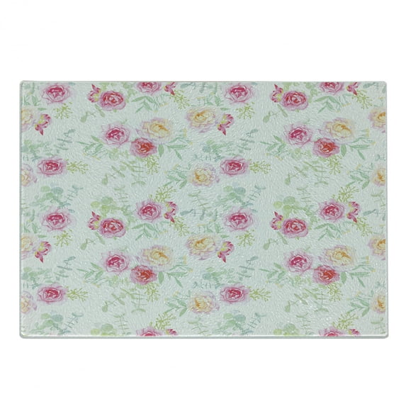 Watercolor Flower Cutting Board, Soft Colored Roses Vintage Old Style Retro Painting Spring Garden, Decorative Tempered Glass Cutting and Serving Board, Small Size, White Pink Green, by Ambesonne