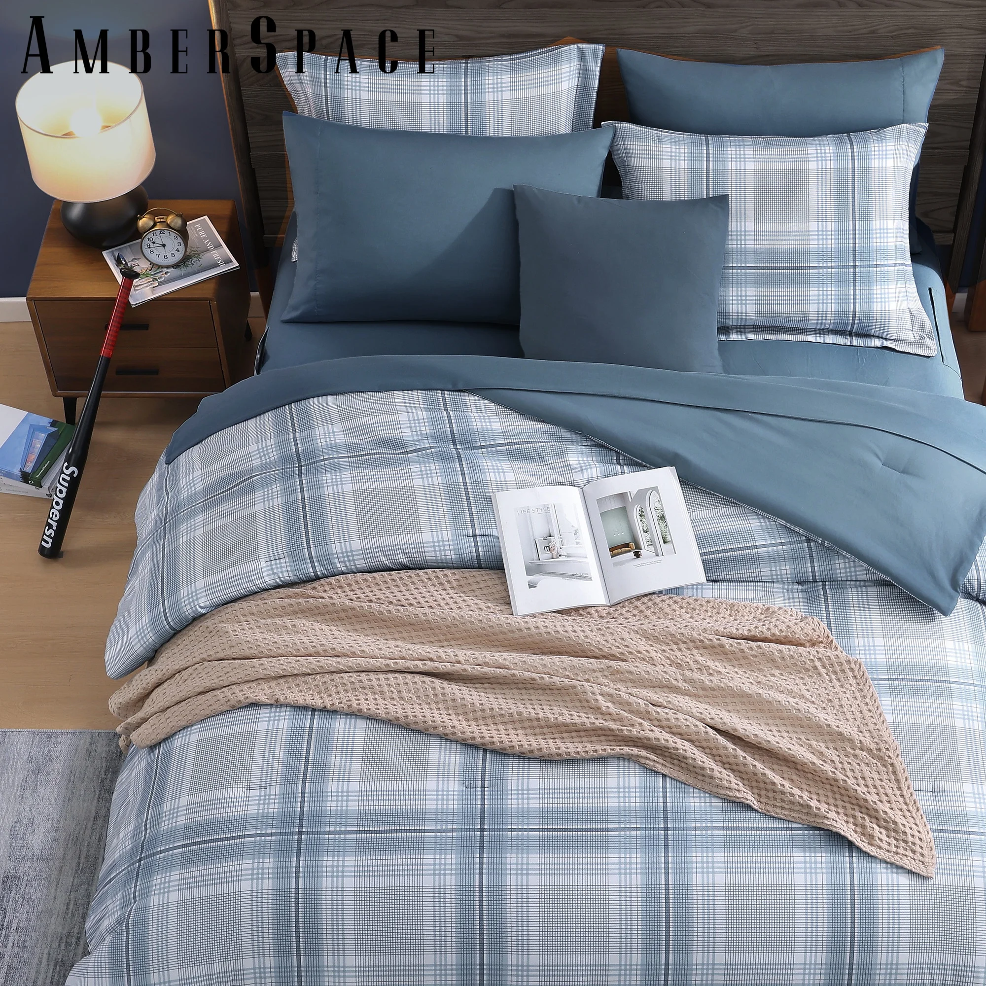 Amberspace Reversible Checkered 7-piece Bed in a Bag Comforter Set with Sheets,Light Blue,Full